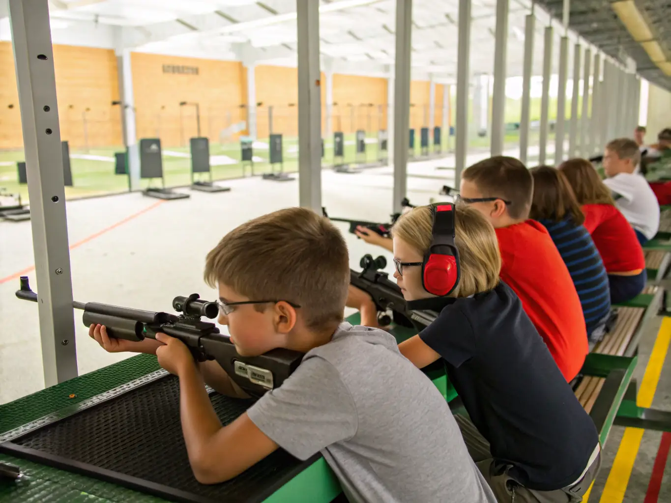 A photograph capturing a youth shooting sports event, showcasing young participants learning firearm safety and marksmanship under the guidance of certified instructors.