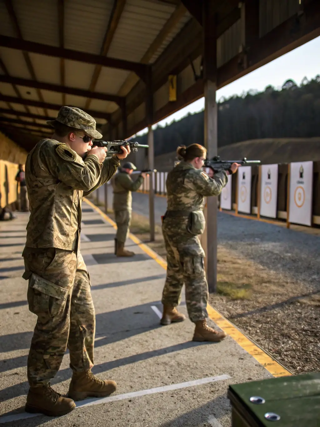 A focused image of participants in a precision shooting program, highlighting the concentration and skill involved, set against a backdrop of a well-maintained shooting range.