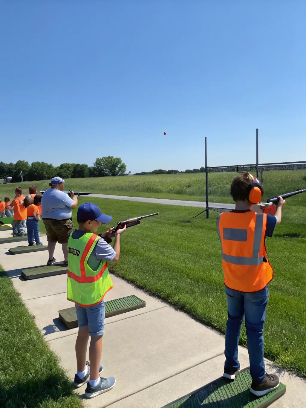 A dynamic image of participants engaging in a clay shooting activity, capturing the speed and reflexes required, with shattered clay targets in mid-air.