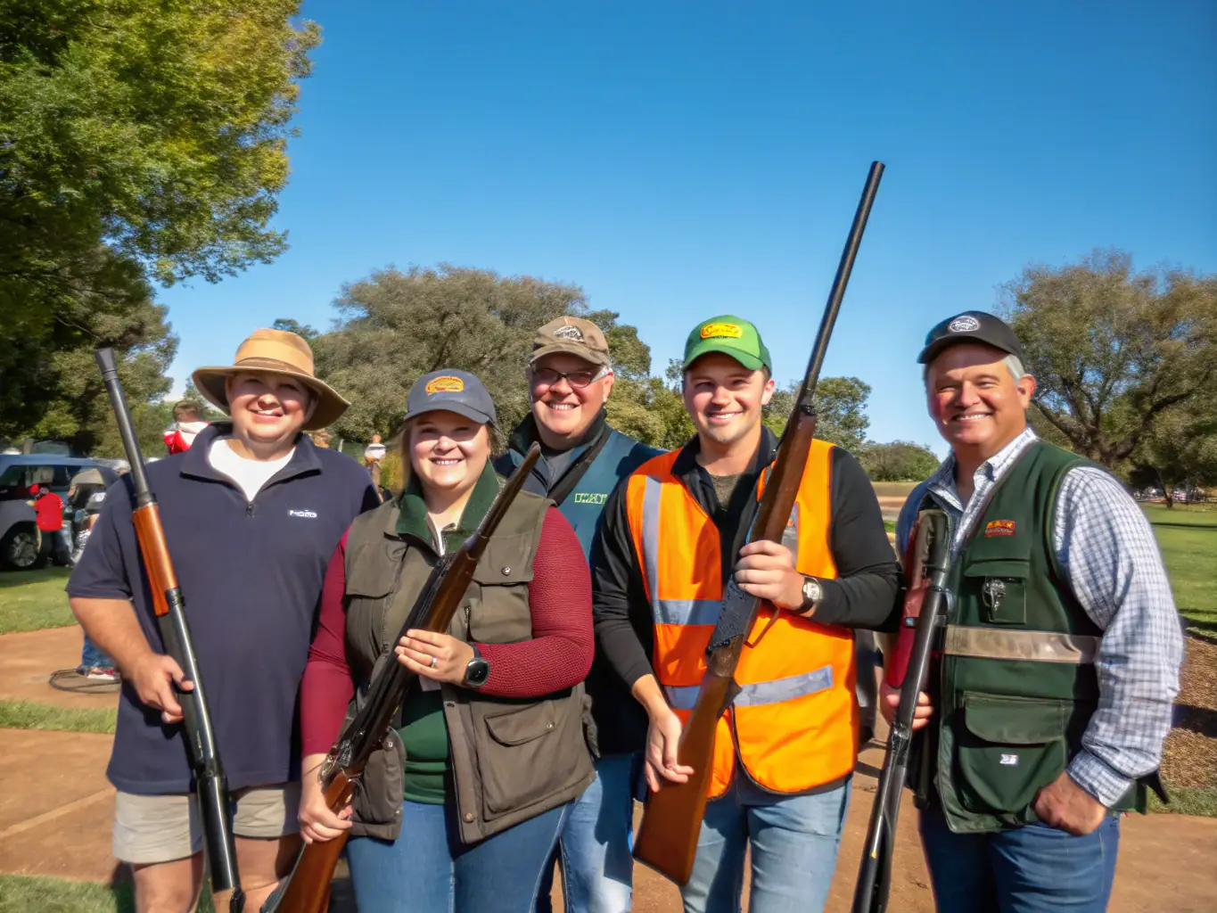 A diverse group of members participating in a friendly shooting competition, showcasing sportsmanship and camaraderie.
