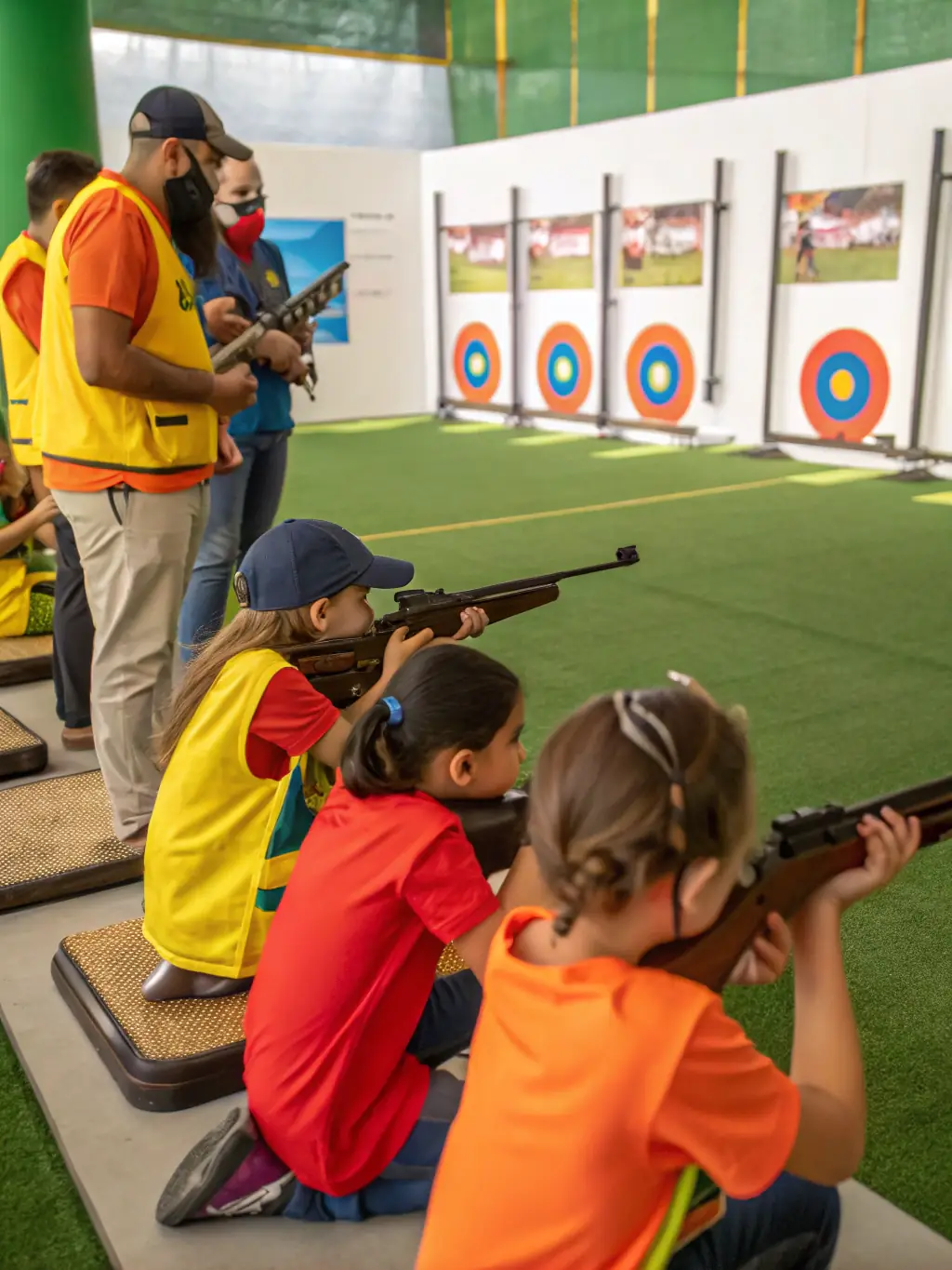 An image showcasing youth participants learning firearm safety and basic shooting skills under the guidance of certified instructors, emphasizing a safe and supportive environment.