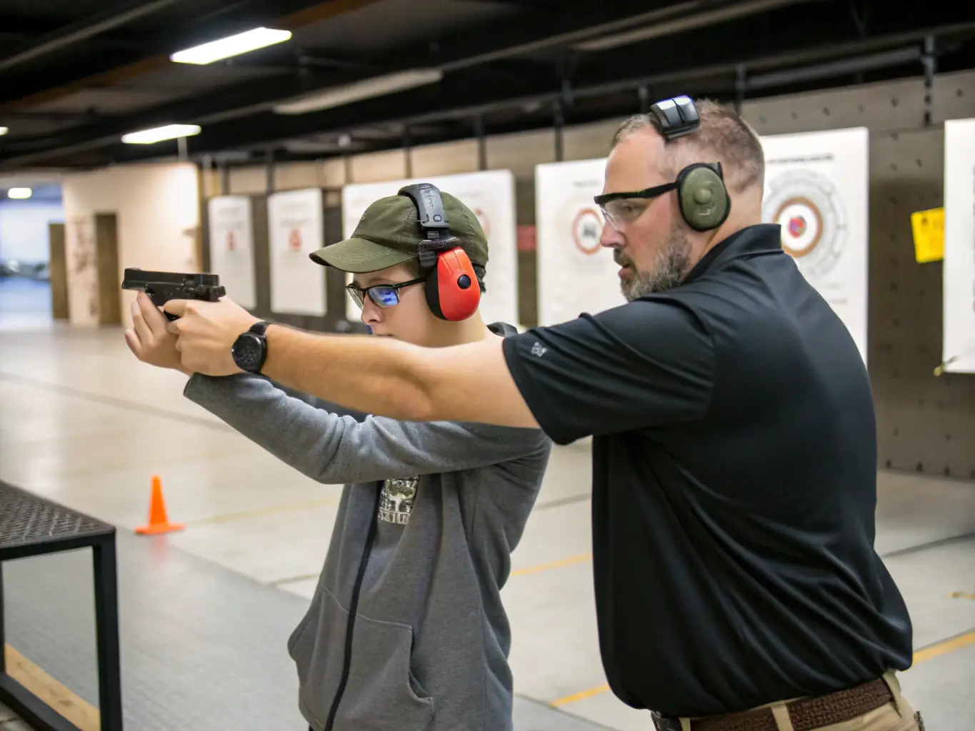 An image of a group of participants practicing shooting under supervision at a well-equipped range, emphasizing safety gear and focused concentration.