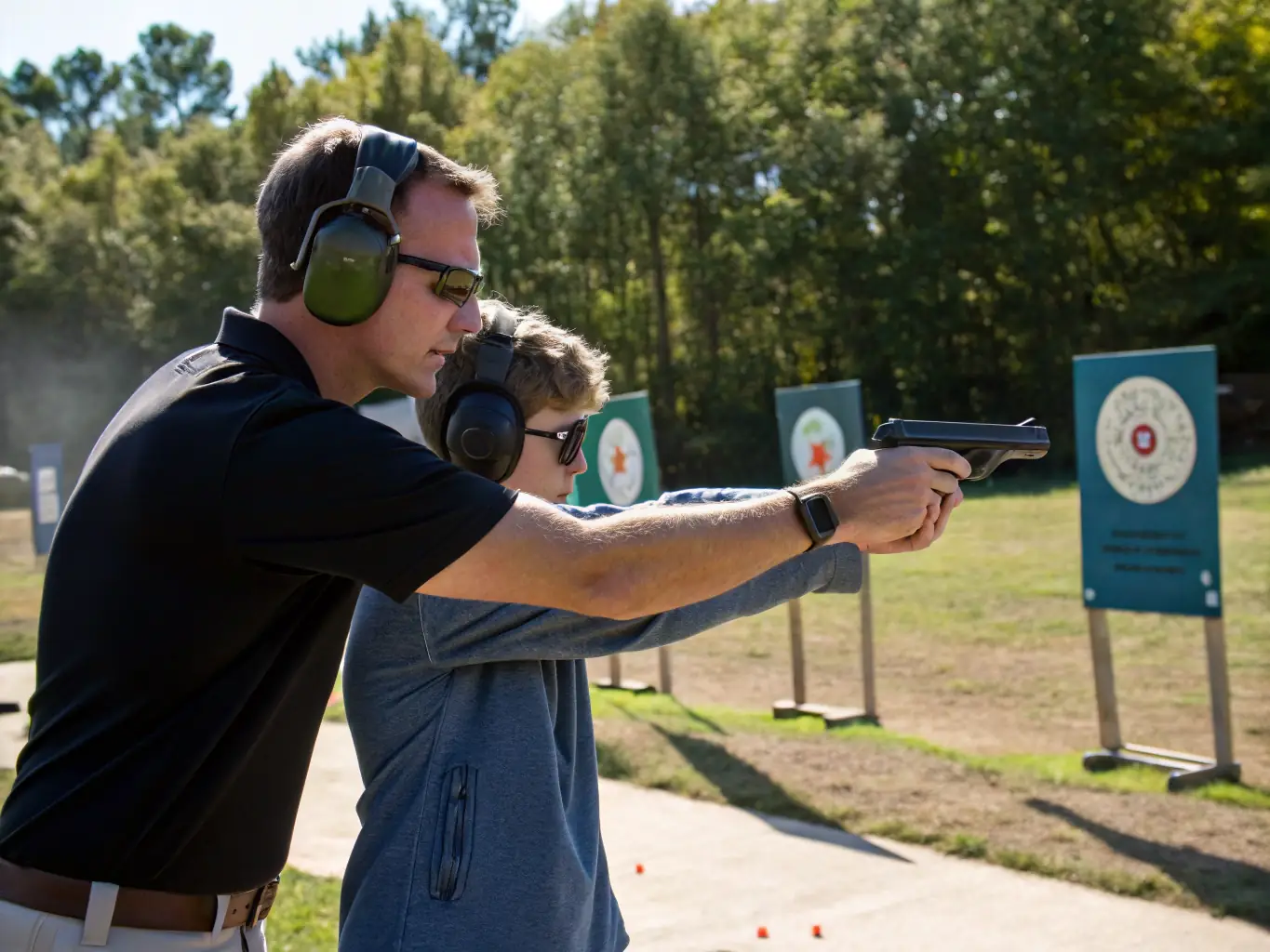A group of participants engaging in a shooting sports training session at an outdoor range, focusing on precision and safety under the guidance of an instructor.